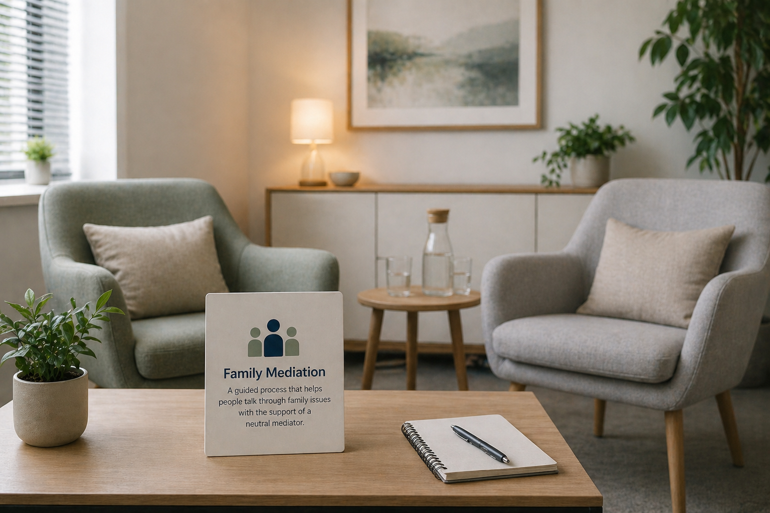 Illustration of two people sitting at a table with a mediator in between, symbolizing the process of family mediation.